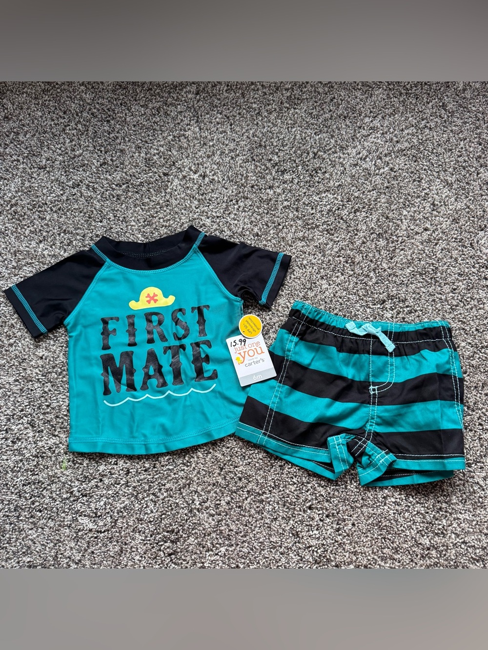 NEW Carter's Teal & Black First Mate Kids Swim Trunks Set